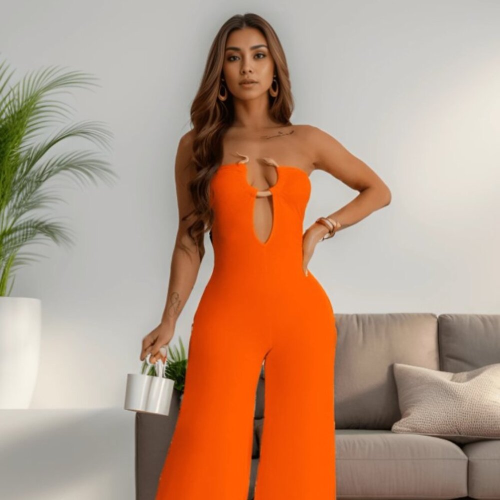Women’s Smocked Wide-leg Strapless Snake Charm Jumpsuit - Picture 8 of 9